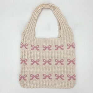 NEW Coquette Cream/Pink Bows Balletcore Crochet Knit Shoulder Hobo Tote Bag